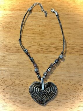 Handcrafted Silver-Tone Heart Pendant Necklace - Black Cord.  Cayman Islands.